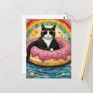 Cartão Postal Um Gato de Férias em uma Rosquinha Flutuante