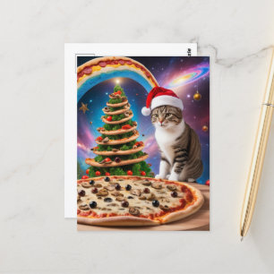 Cartão Postal Um gato de pizza de Natal engraçado