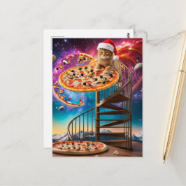 Cartão Postal Um Gato de Pizza de Natal Surrealista com Chapéu d