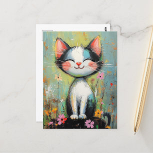 Cartão Postal Um gato e Flores adoráveis