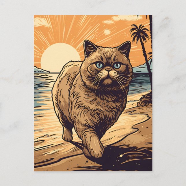 Cartão Postal Um gato exótico na praia tropical (Frente)