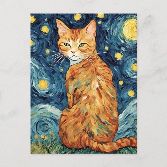 Cartão Postal Um Gato Ginger Tabby na Noite Estrelada (Frente)