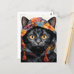 Cartão Postal Um Gato Negra Gordo numa Jaqueta Colorida