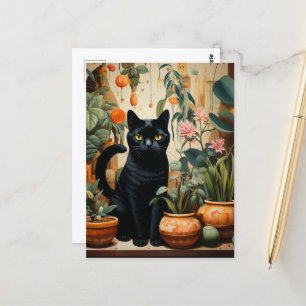 Cartão Postal Um Gato Negro Bonito Possui como Planta Familiar