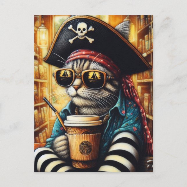 Cartão Postal Um Gato Pirata Adorável Com Café (Frente)