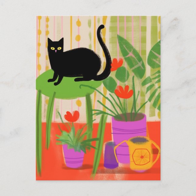 Cartão Postal Um Gato Preto Com Plantas Domésticas (Frente)