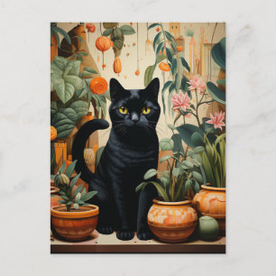 Cartão Postal Um Gato Preto Com Plantas Domésticas