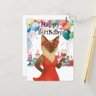 Cartão Postal Um gato siamês é vinho de bebendo Feliz Aniversári
