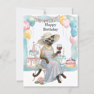 Cartão Postal Um gato siamês está bebendo vinho Feliz Aniversári