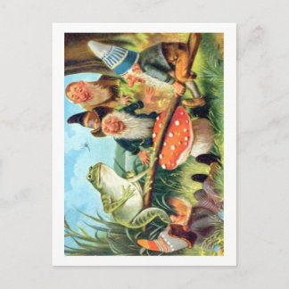 Cartão Postal Um Gnomo e Sapo em uma Marra de Cogumelo