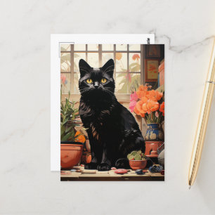 Cartão Postal Um lindo gato preto nas plantas domésticas
