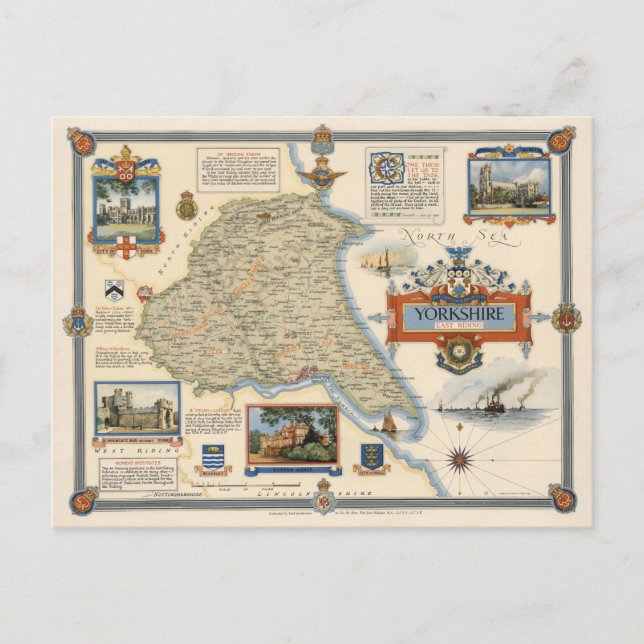 Cartão Postal Um mapa de Yorkshire: East Riding (Frente)