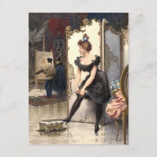 Cartão Postal Um Modelo Apertando Sua Garter No Estúdio De Artis