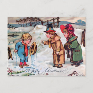 Cartão Postal "Um Natal Alegre" Cena de Neve Vitoriana Vintage