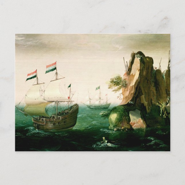 Cartão Postal Um navio mercante holandês ao largo da costa rocho (Frente)