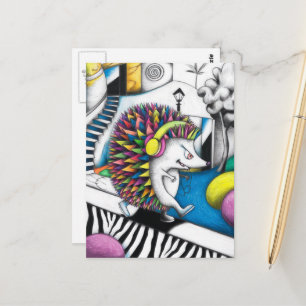 Cartão Postal Um ouriço colorido e surreal engraçado ouve música