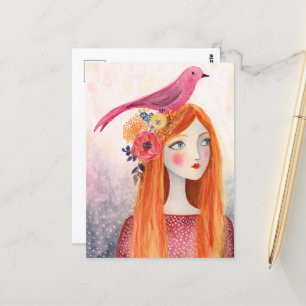 Cartão Postal Um pássaro rosa no cabelo