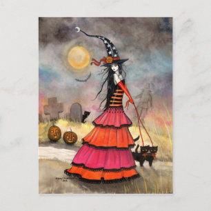 Cartão Postal Um Passeio de Halloween Bruxa e Gatos Pretos Arte