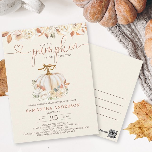 Cartão Postal Um Pequeno Chá de fraldas Russo de Outono (Send out Pumpkin Baby Shower Invite postcards for an easy way to invite your guests.)