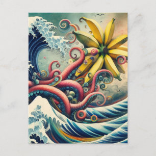 Cartão Postal Um polvo de banana surrealista cavalga uma onda
