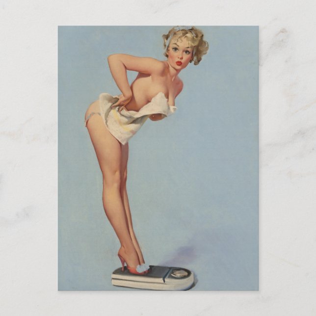 Cartão Postal Um Problema Pesado, ilustração de calendário Pinup (Frente)