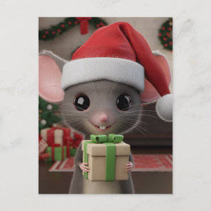 Cartão Postal Um Rato de Natal Engraçado com Chapéu de Papai Noe