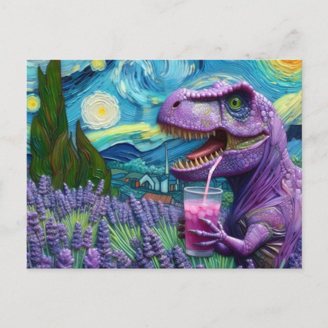 Cartão Postal Um T-Rex roxo com fantasia de limonada de lavanda (Frente)