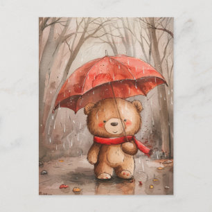 Cartão Postal Um Urso de Pelúcia Fofo na Chuva