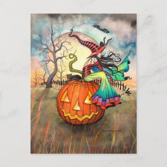 Cartão Postal Uma Arte de Bruxa de Halloween de Pumpkin Gigante (Frente)