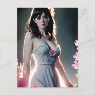 Cartão Postal Uma bela mulher com flores rosas longas e pretas