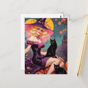 Cartão Postal Uma bruxa com seus gatos pretos