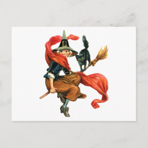 Cartão Postal Uma bruxa voa sobre sua vassoura com seu gato pret