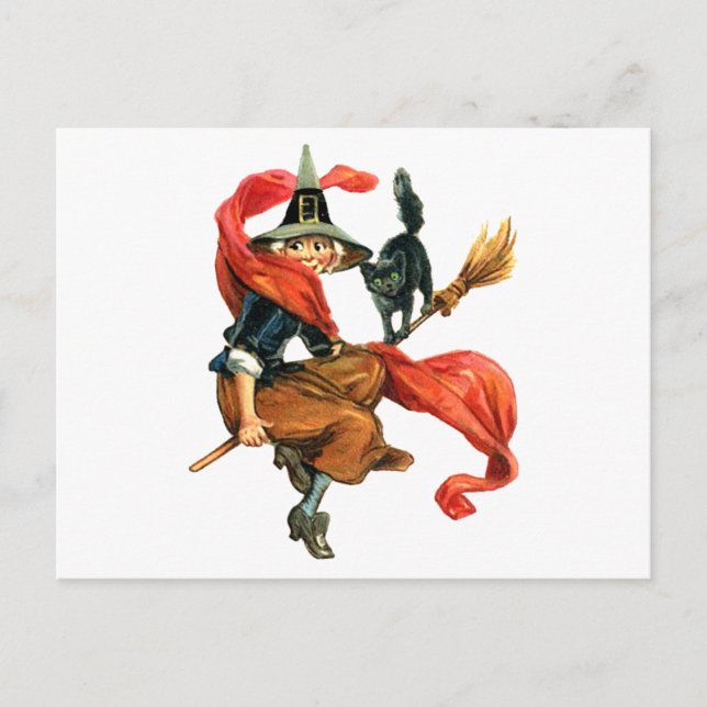 Cartão Postal Uma bruxa voa sobre sua vassoura com seu gato pret (Frente)