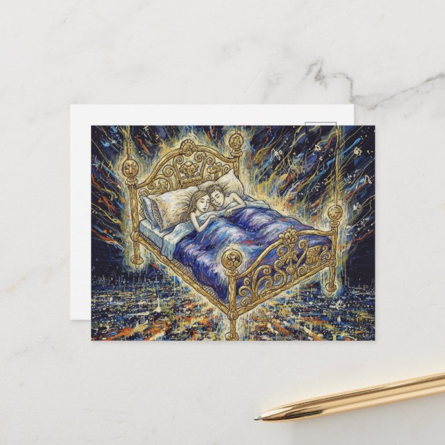 Cartão Postal Uma Cama Mágica Acima do Casal Adormecido Fantasia (Frente/Verso In Situ)