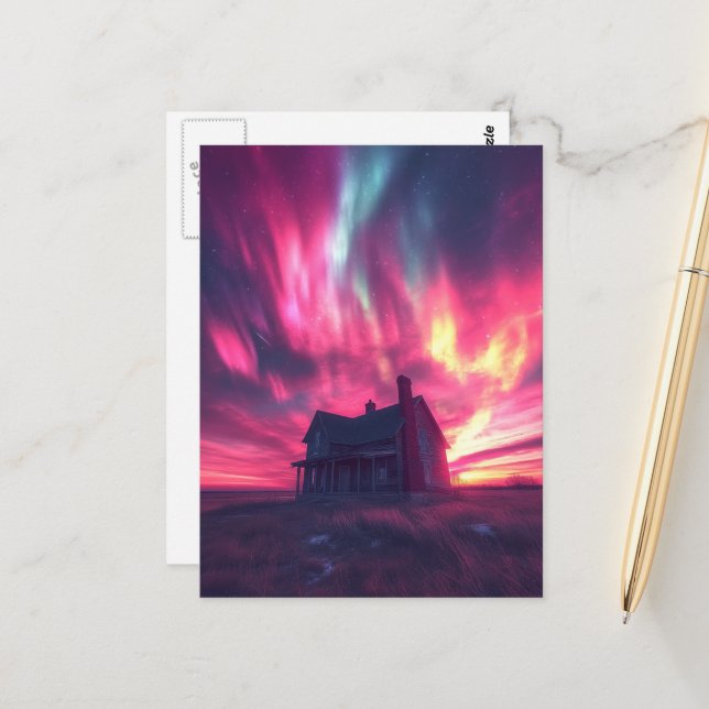 Cartão Postal Uma casa de solteiro com o céu norte rosa (Frente/Verso In Situ)