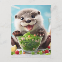 Cartão Postal Uma Doce Adorável E Feliz Lontra Fazendo uma Salad