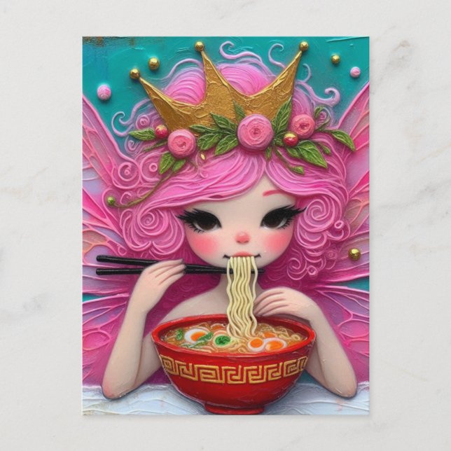 Cartão Postal Uma Fada Com Ramen Comendo Cabelo Rosa (Frente)