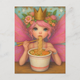Cartão Postal Uma Fada Rosa Fofa Comendo Ramen