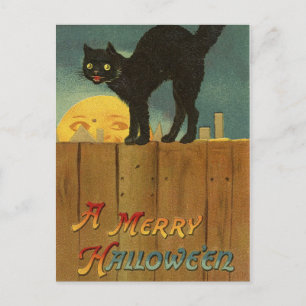 Cartão Postal Uma Feliz Hallowe'en Spooky Black Cat Vintage Art