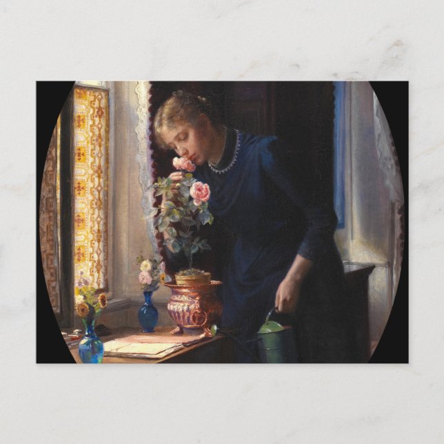 Cartão Postal Uma garota cheirando um Rosa de Carl Bloch (Frente)
