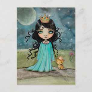 Cartão Postal Uma Garota e Seu Gato Arte de Fantasia Princesa Fo