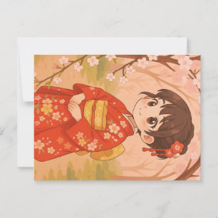 Cartão Postal Uma garota japonesa bonitinha em um jardim floresc