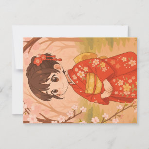 Cartão Postal Uma garota japonesa bonitinha em um jardim floresc