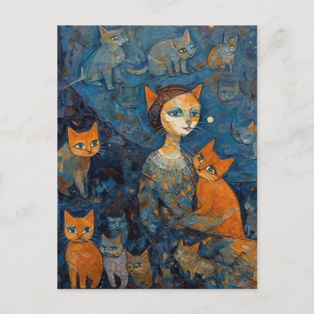 Cartão Postal Uma Gata Na Cidade À Noite Com Seus Gatos (Frente)