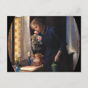 Cartão Postal Uma jovem menina cheirando uma Rosa por Carl Bloch