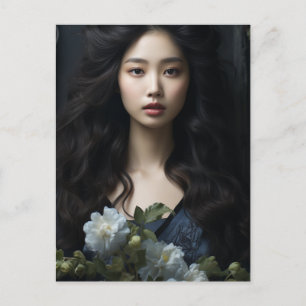 Cartão Postal Uma linda mulher com cabelo preto longo e flores