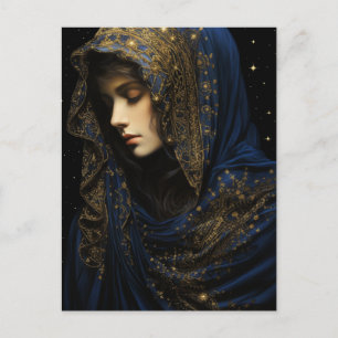 Cartão Postal Uma linda mulher em um roupão azul e Dourado