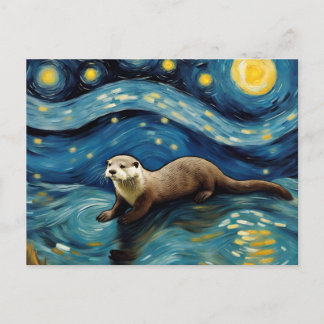Cartão Postal Uma Lontra no Mar Noturno Estrelado
