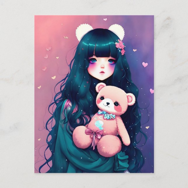 Cartão Postal Uma Menina de Anime com Urso de Teddy, Passando (Frente)