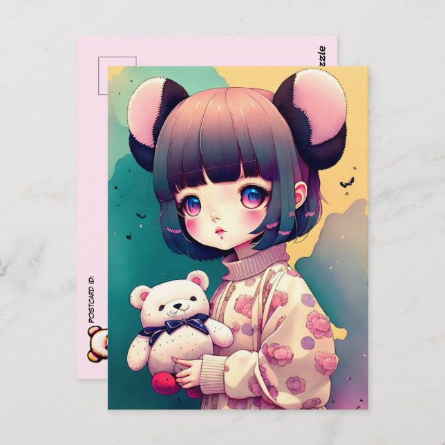 Cartão Postal Uma Menina de Anime com Urso de Teddy, Passando (Frente/Verso)